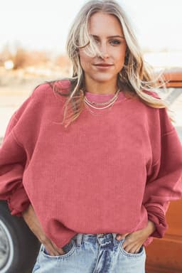 image-Strawberry Pink Ribbed Corded Oversized Sweatshirt