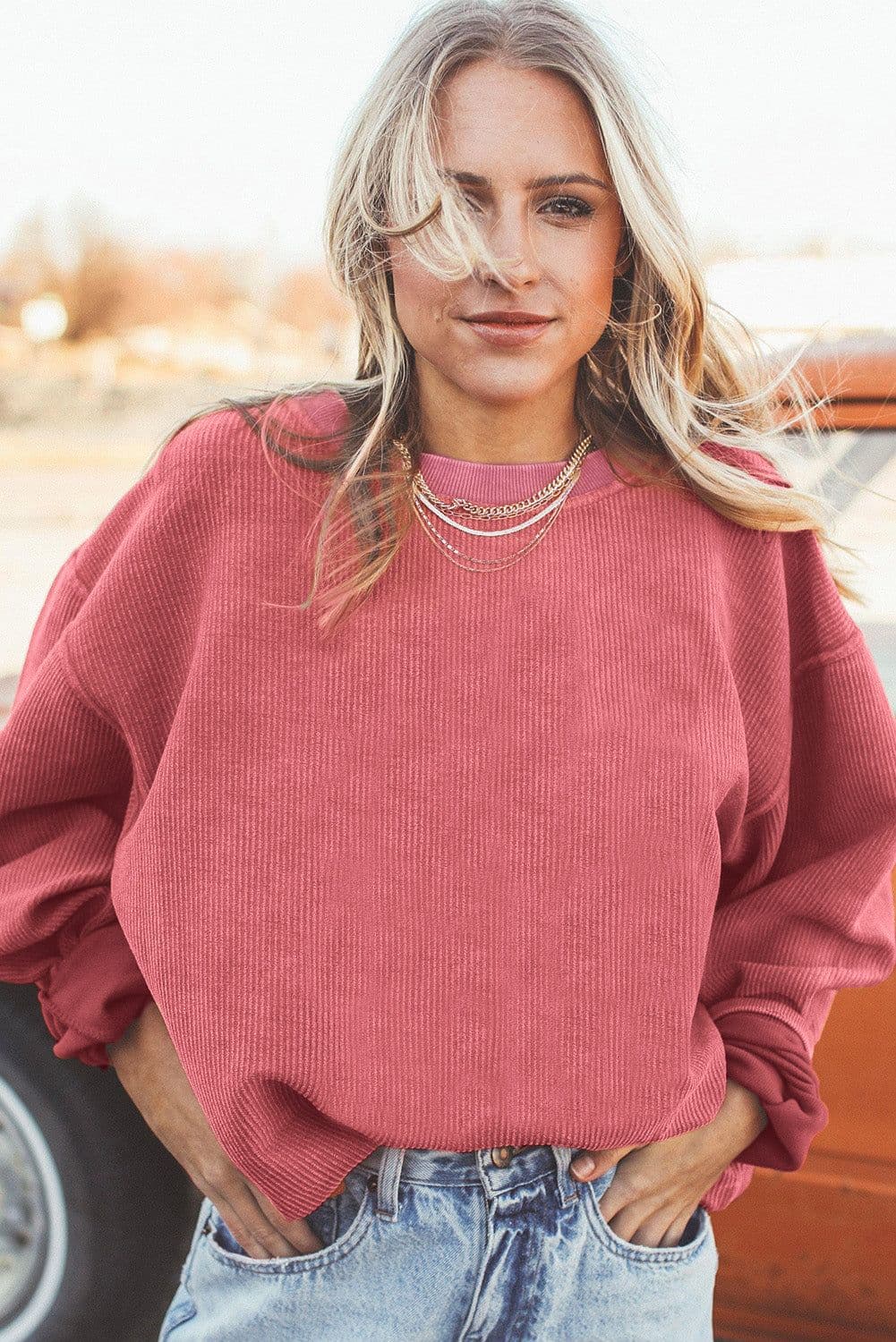 image-Strawberry Pink Ribbed Corded Oversized Sweatshirt