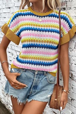 image-Fiery Red Trimmed Ruffle Sleeve Colorful Textured Sweater
