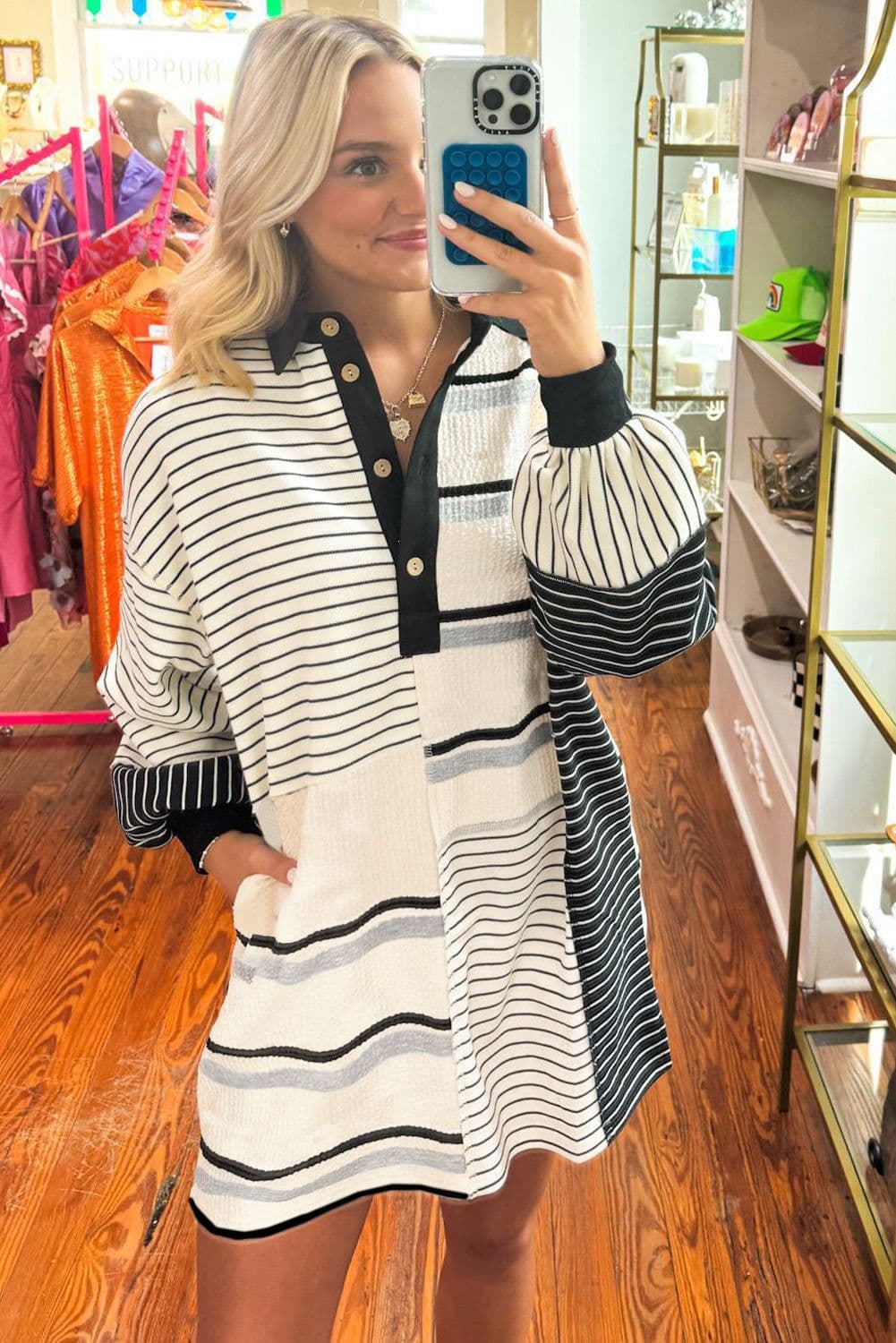 image-Black Stripe Knit Henley Collar Shift Dress - Long Sleeve, Mini Dress