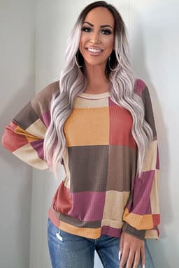 image-Rose Red Checkered Print Textured Knit Long Sleeve Loose Top
