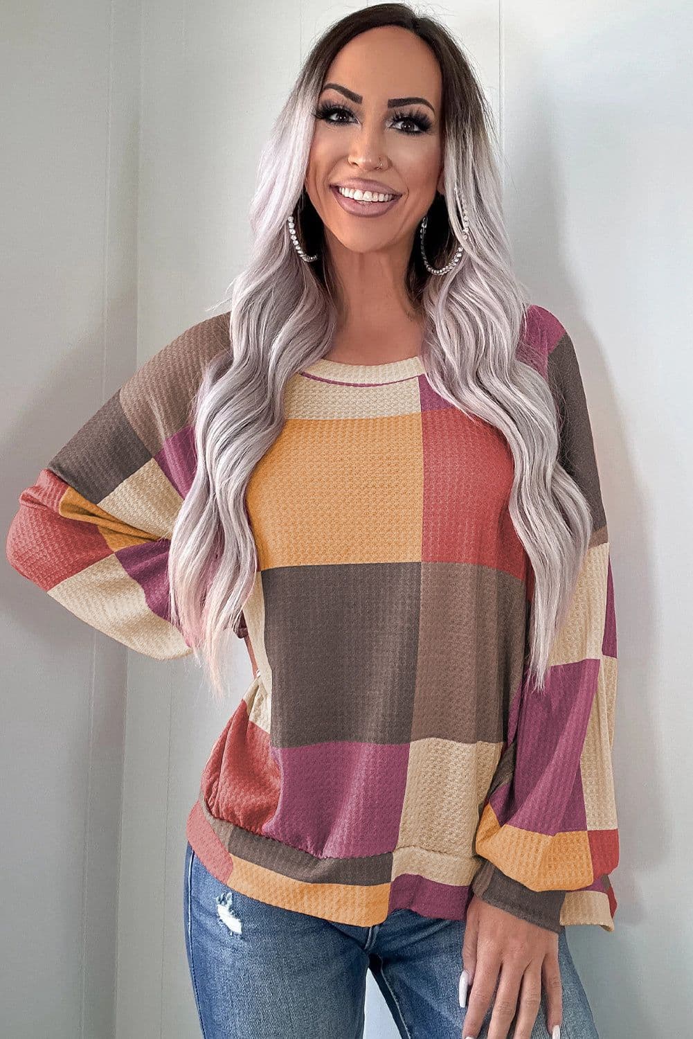 image-Rose Red Checkered Print Textured Knit Long Sleeve Loose Top