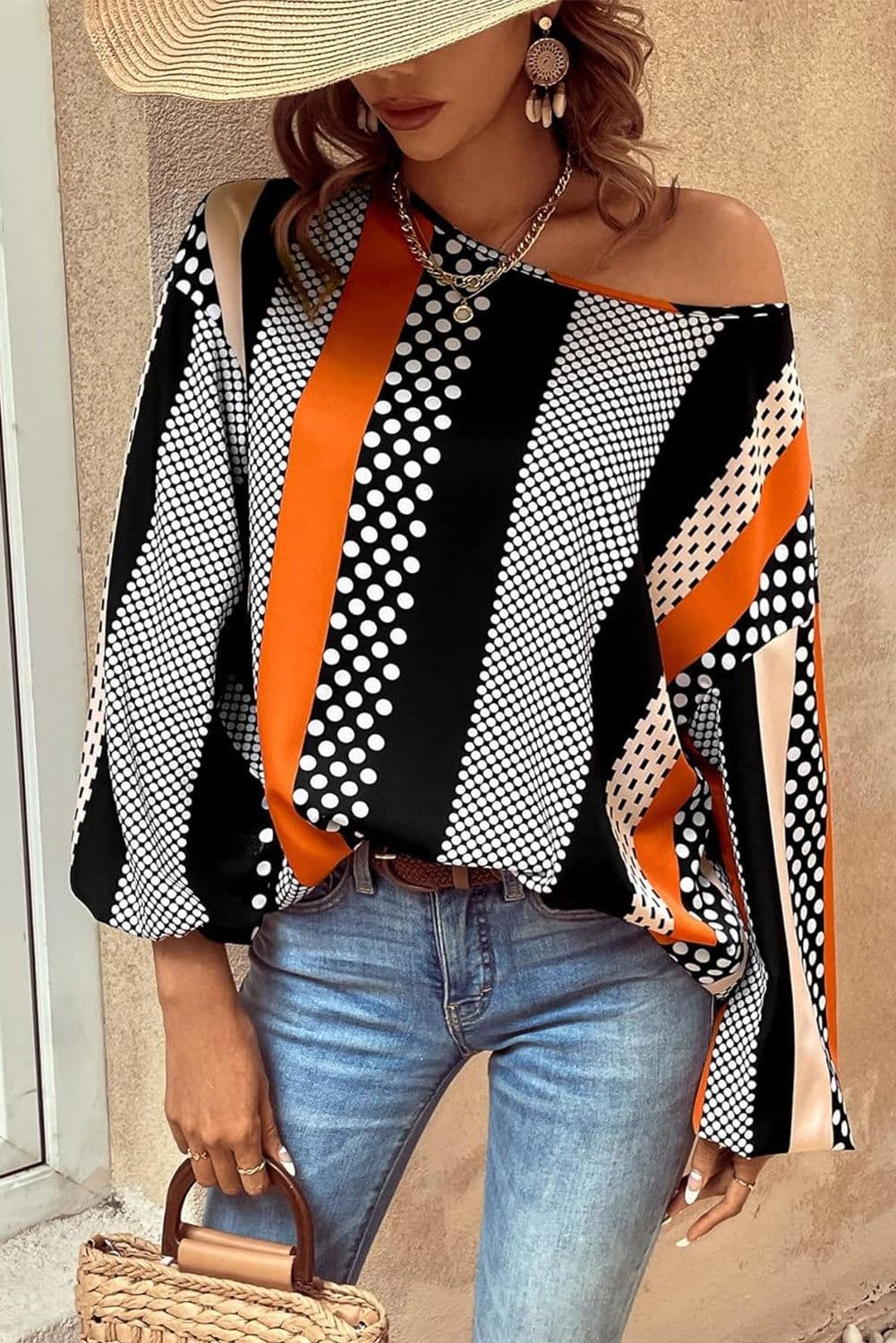image-Orange Polka Dot Puff Sleeve Blouse - Stylish Vertical Stripes
