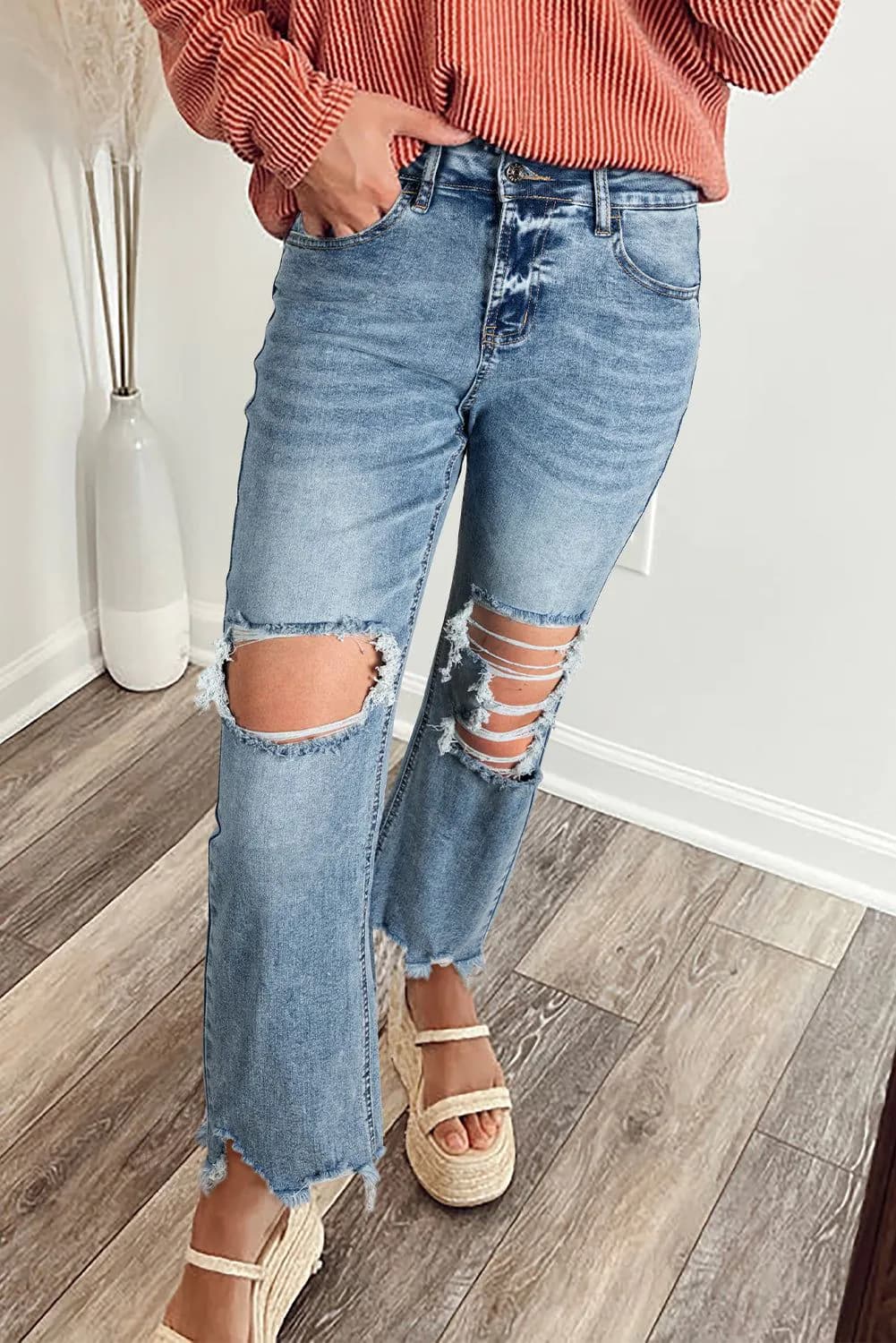 image-Myosotis Ripped Knee Fit Flare Jeans - Raw Hem