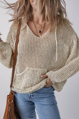 image-Jet Stream Hollow-out Kangaroo Pocket V Neck Hooded Sweater