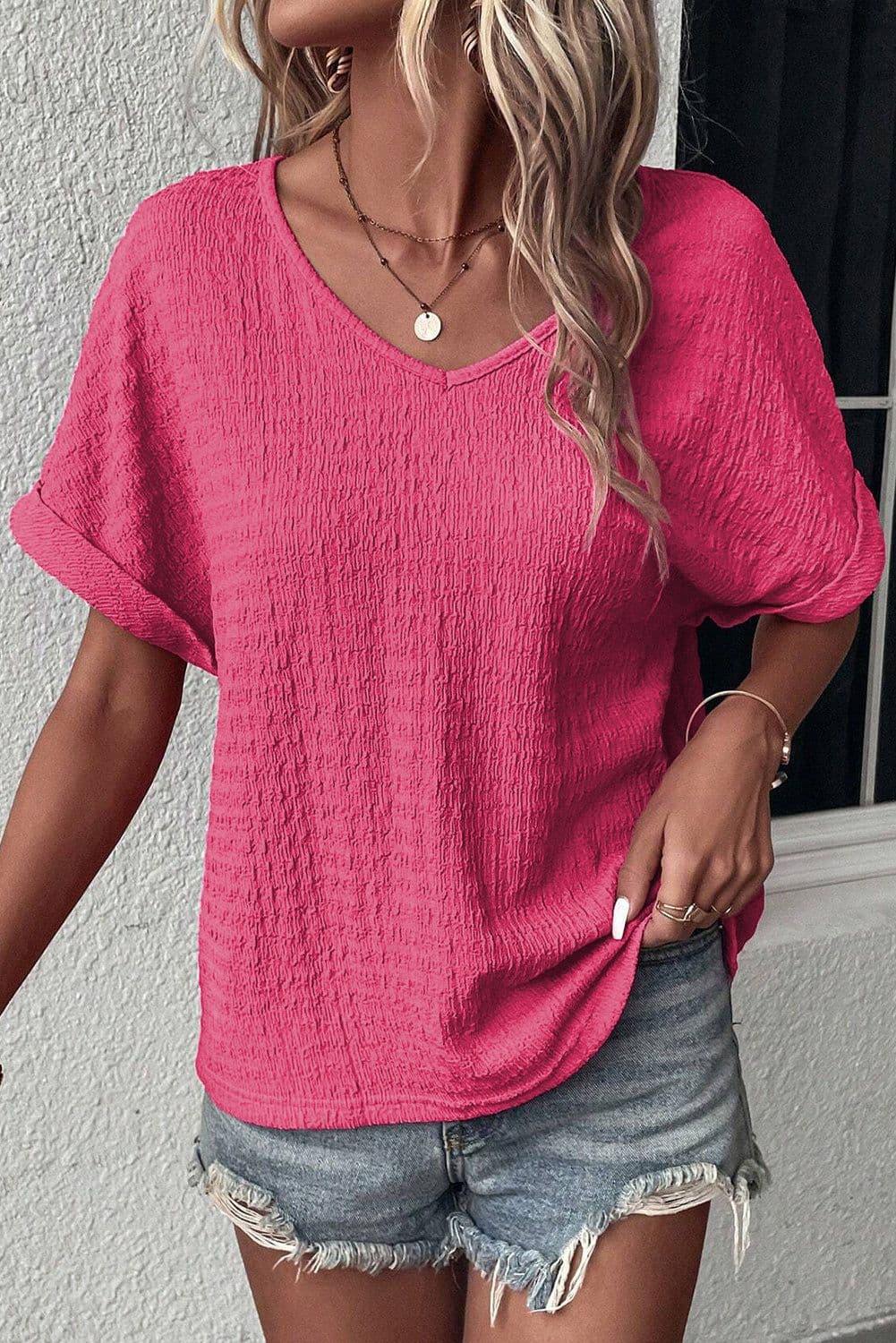 image-Bright Pink Textured V Neck Rolled Sleeve Tee - Loose Fit