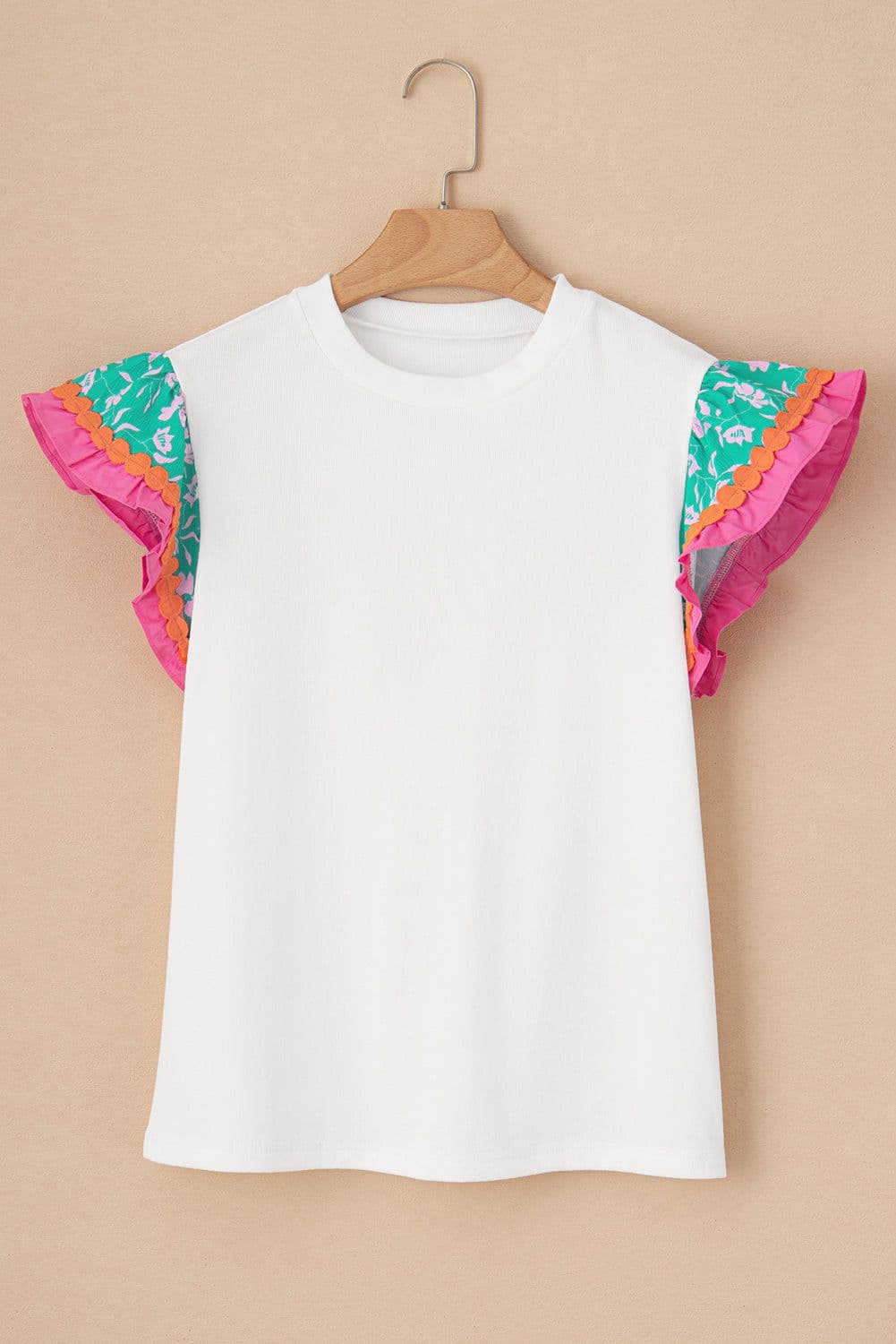 image-Contrast Ricrac Floral Sleeve Top - White (57 characters)