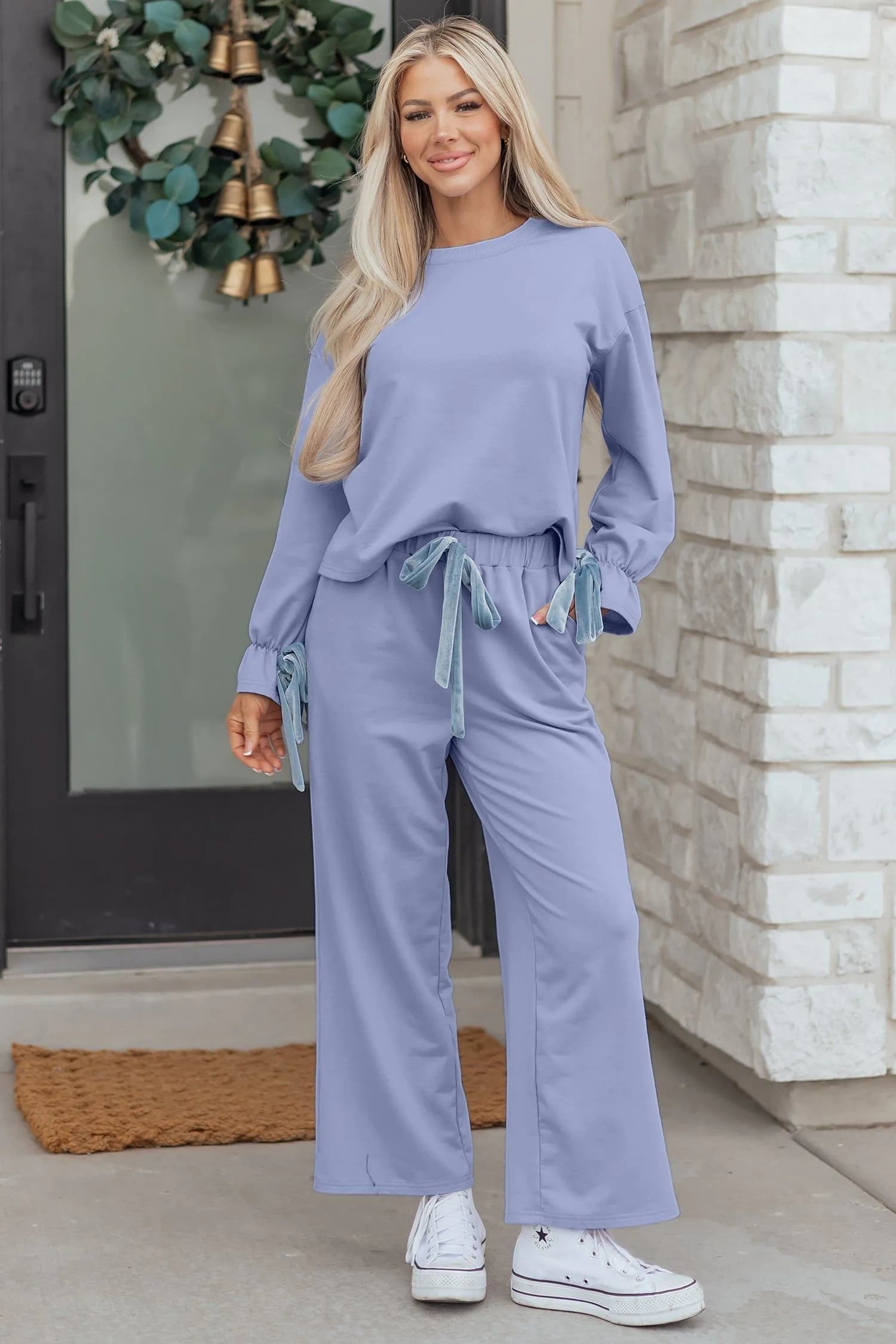 image-Beau Blue Flounce Long Sleeve Top Drawstring Pants Contrast Velvet Bow Knot 2pcs Lounge Set
