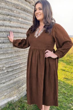 image-Coffee Embroidered Notched Neckline Textured Pleated High Waist Plus Size Midi Dress
