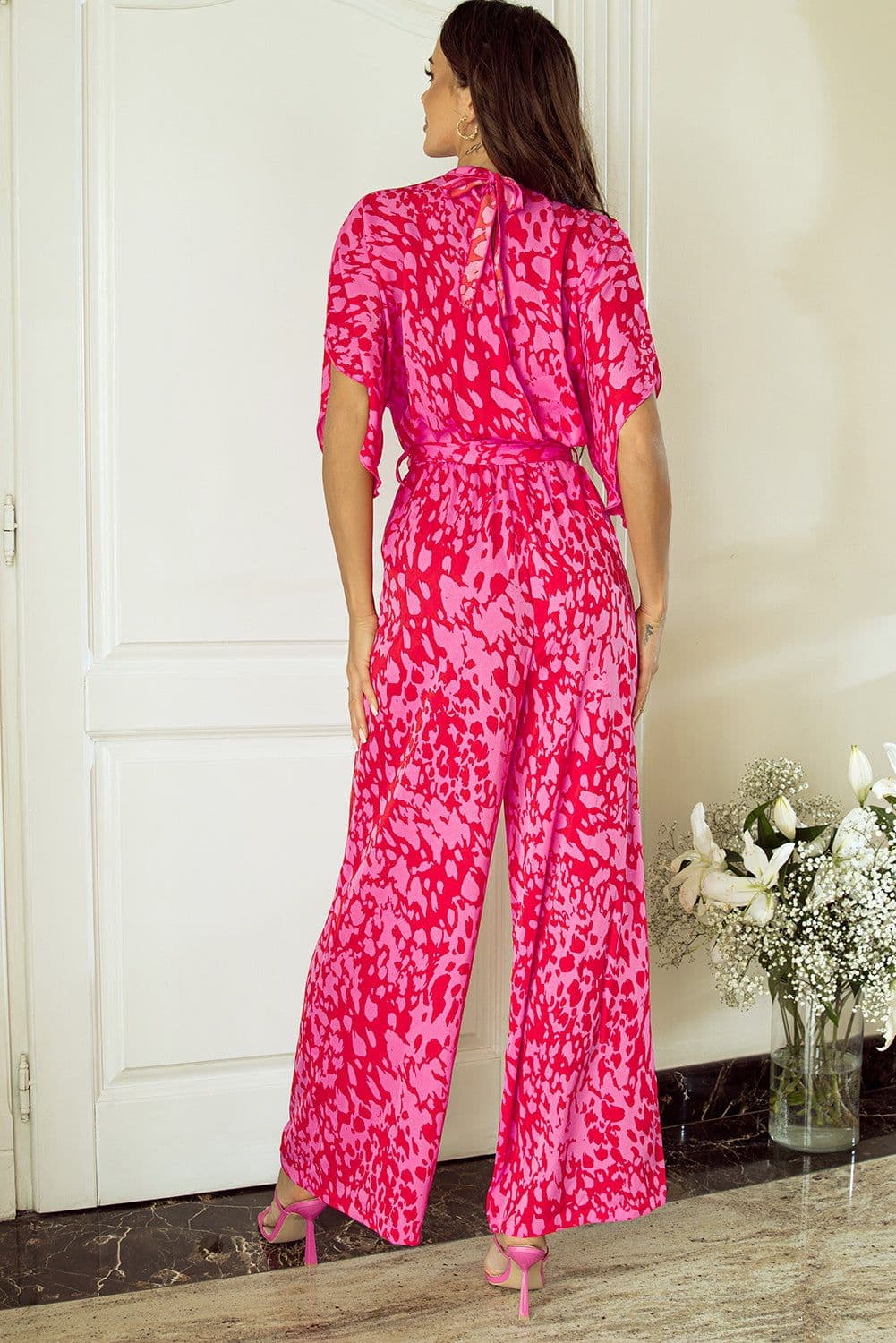 image-Leopard Print Wide Leg Jumpsuit - Rose Belted Loose Fit