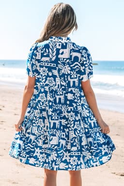 image-Blue Ricrac Trim Split Neck Floral Loose Dress