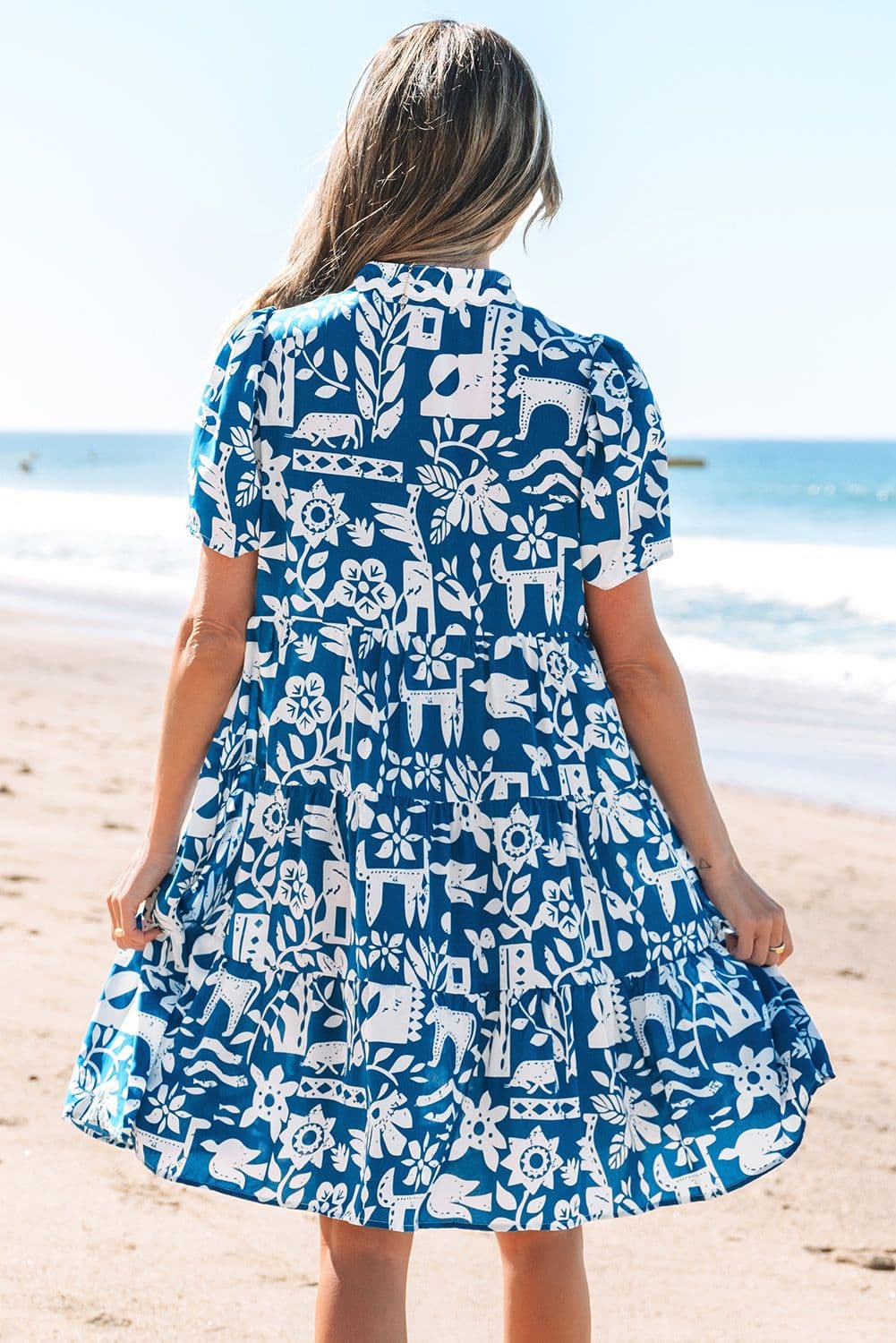 image-Blue Ricrac Trim Split Neck Floral Loose Dress