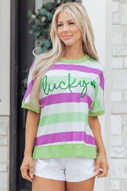 image-Green Stripe Lucky Clover Embroidered Graphic Dolman Loose Tee