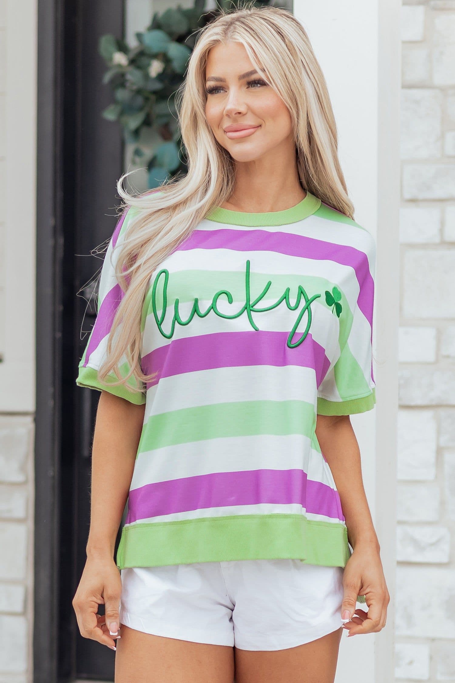 image-Green Stripe Lucky Clover Embroidered Graphic Dolman Loose Tee