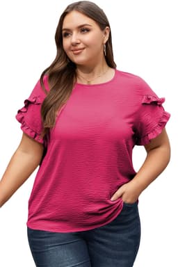 image-Bright Pink Ruffled Short Sleeve Plus Size Top