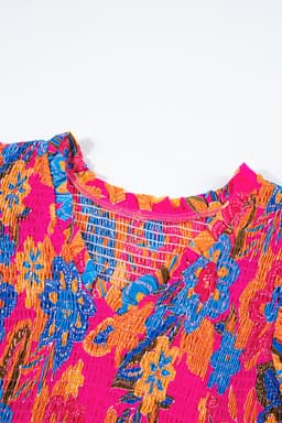 image-Floral Print Smocked Ruffle Trim Sleeve Blouse - Rose Red