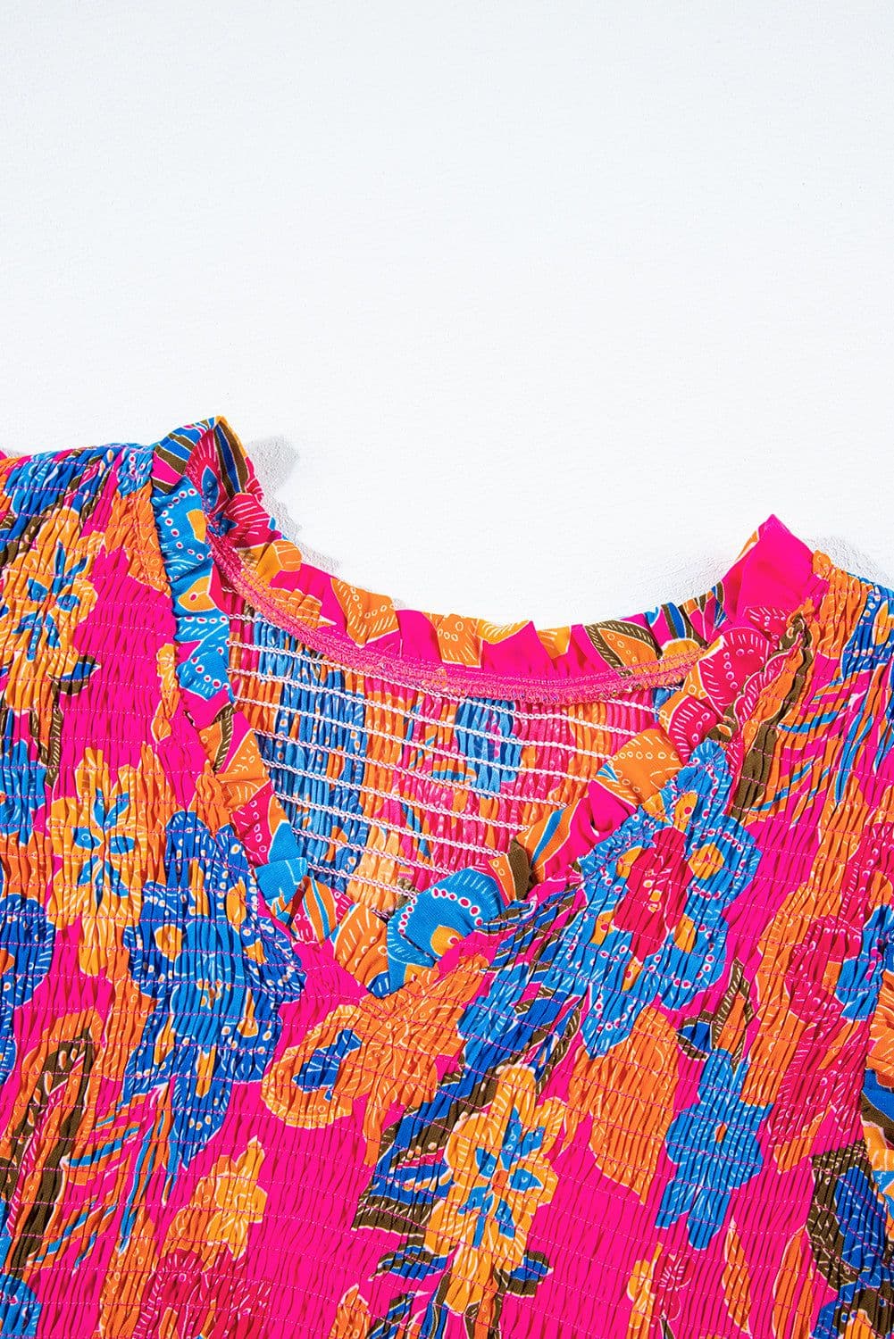 image-Floral Print Smocked Ruffle Trim Sleeve Blouse - Rose Red