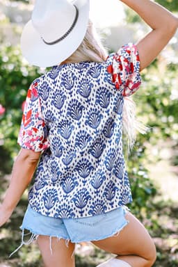image-Blue Floral Western Print Blouse with Puff Sleeves - Chic Frilled Neck