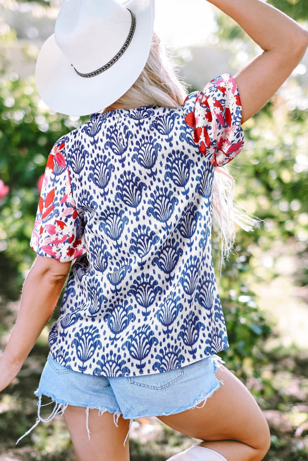 image-Blue Floral Western Print Blouse with Puff Sleeves - Chic Frilled Neck