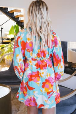 image-Sky Blue Floral Mini Dress - Empire Waist, Bracelet Sleeves, V-Neck
