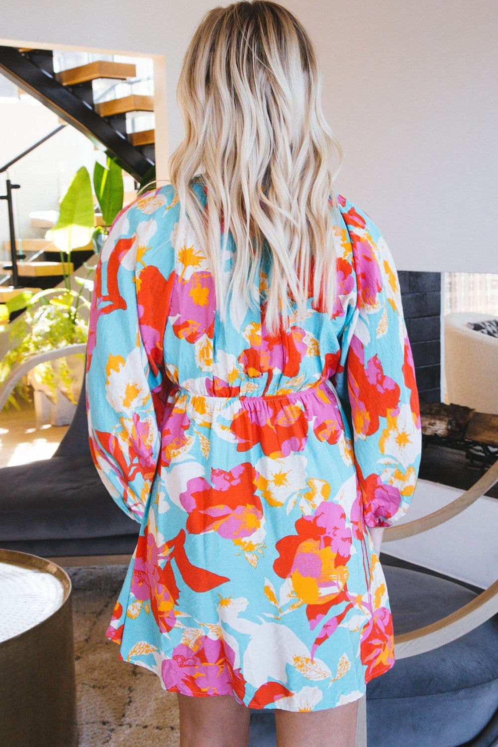 image-Sky Blue Floral Mini Dress - Empire Waist, Bracelet Sleeves, V-Neck