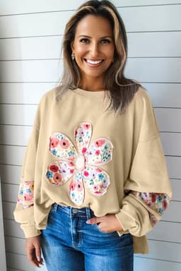image-Pale Khaki Floral Applique Baggy Pullover Sweatshirt