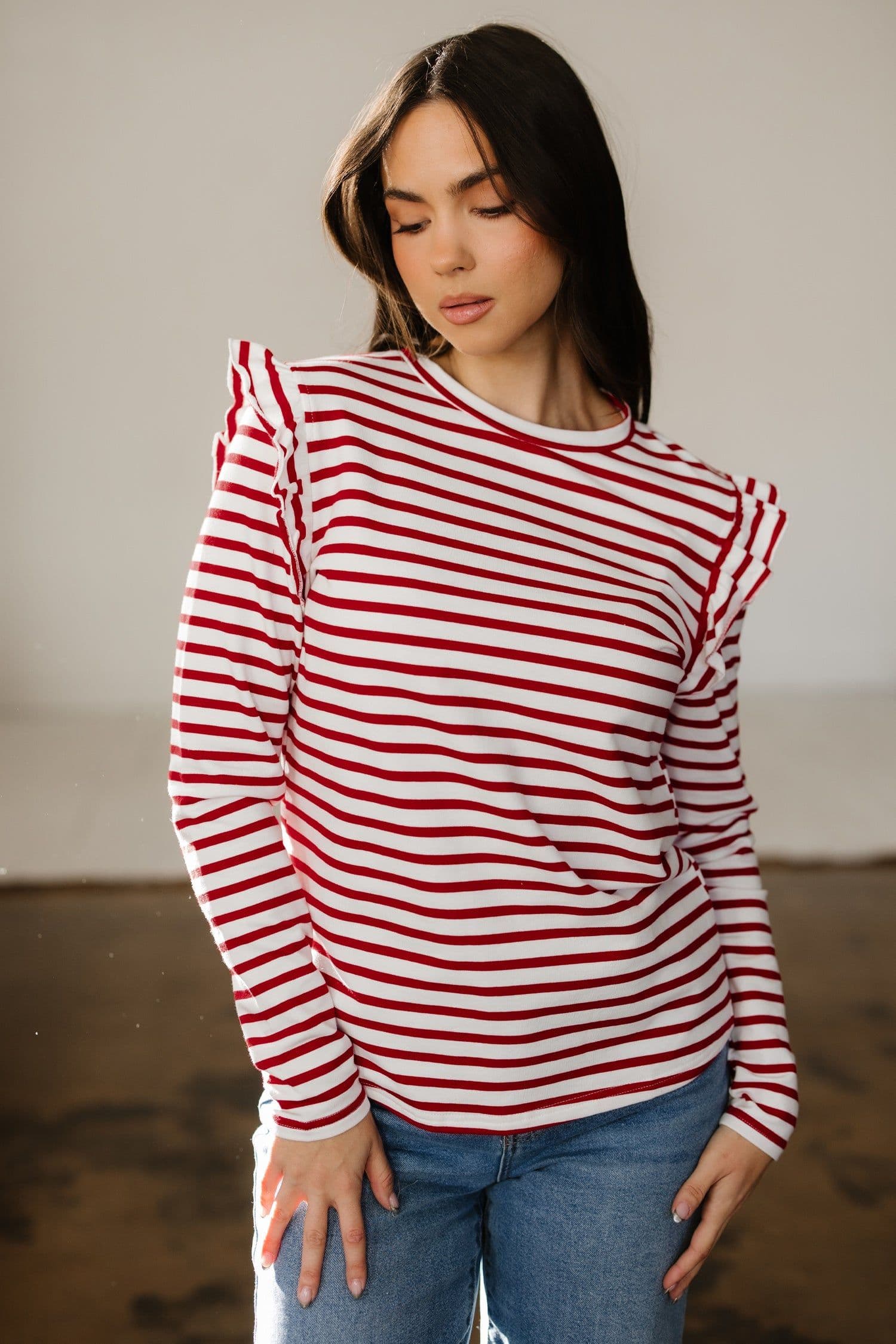 image-Red Stripe Ruffle Long Sleeve Top