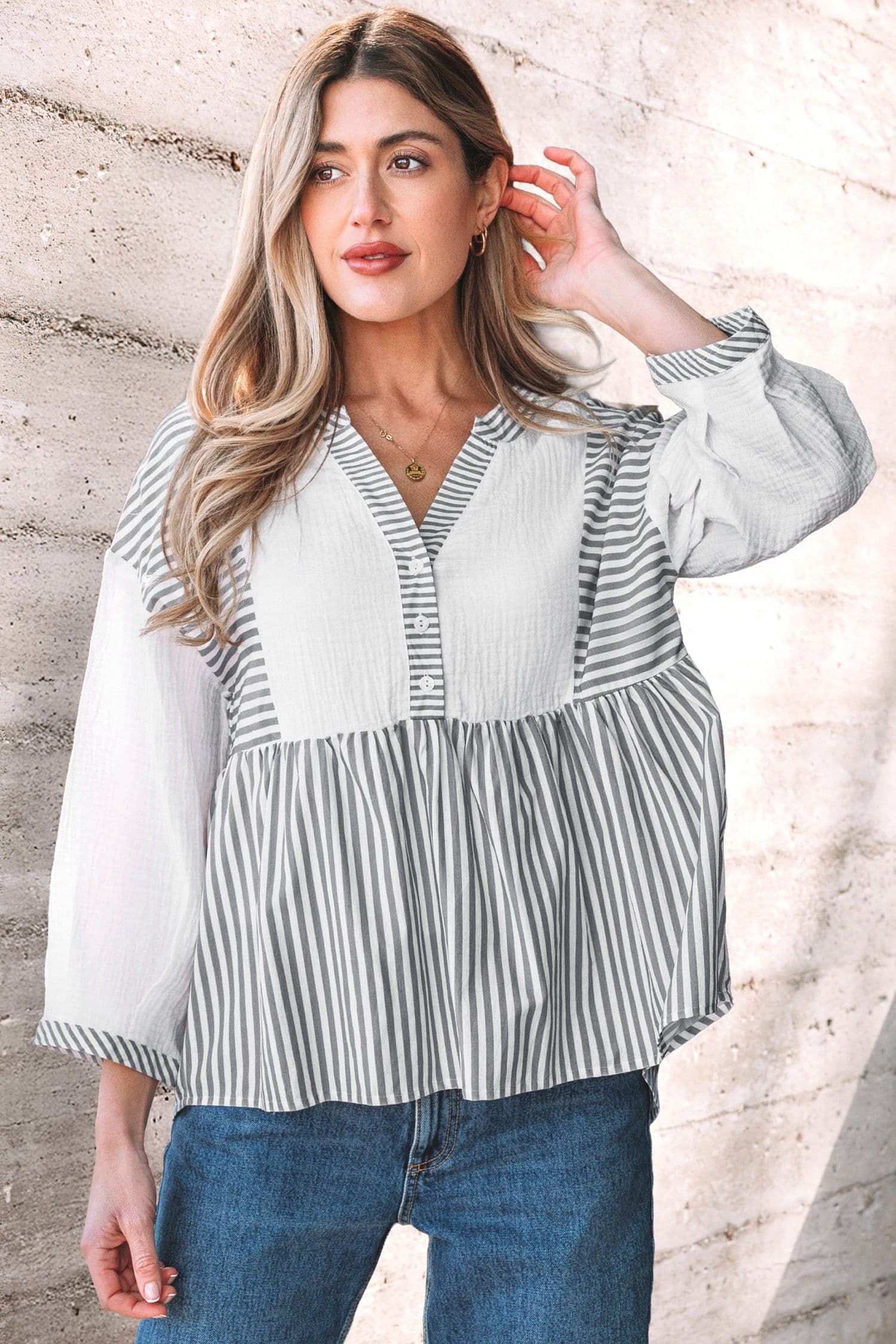 image-Gray Stripe Half Button Gauze Patchwork Bracelet Blouse