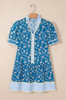 image-Blue Striped Trim Half Buttons Short Sleeve Floral Dress
