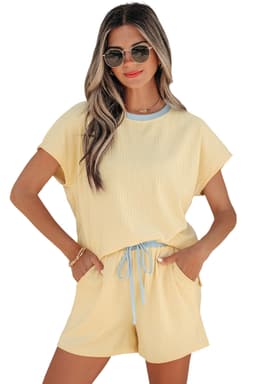 image-Aqua Soft Ribbed Color Block Trim Casual Shorts Set