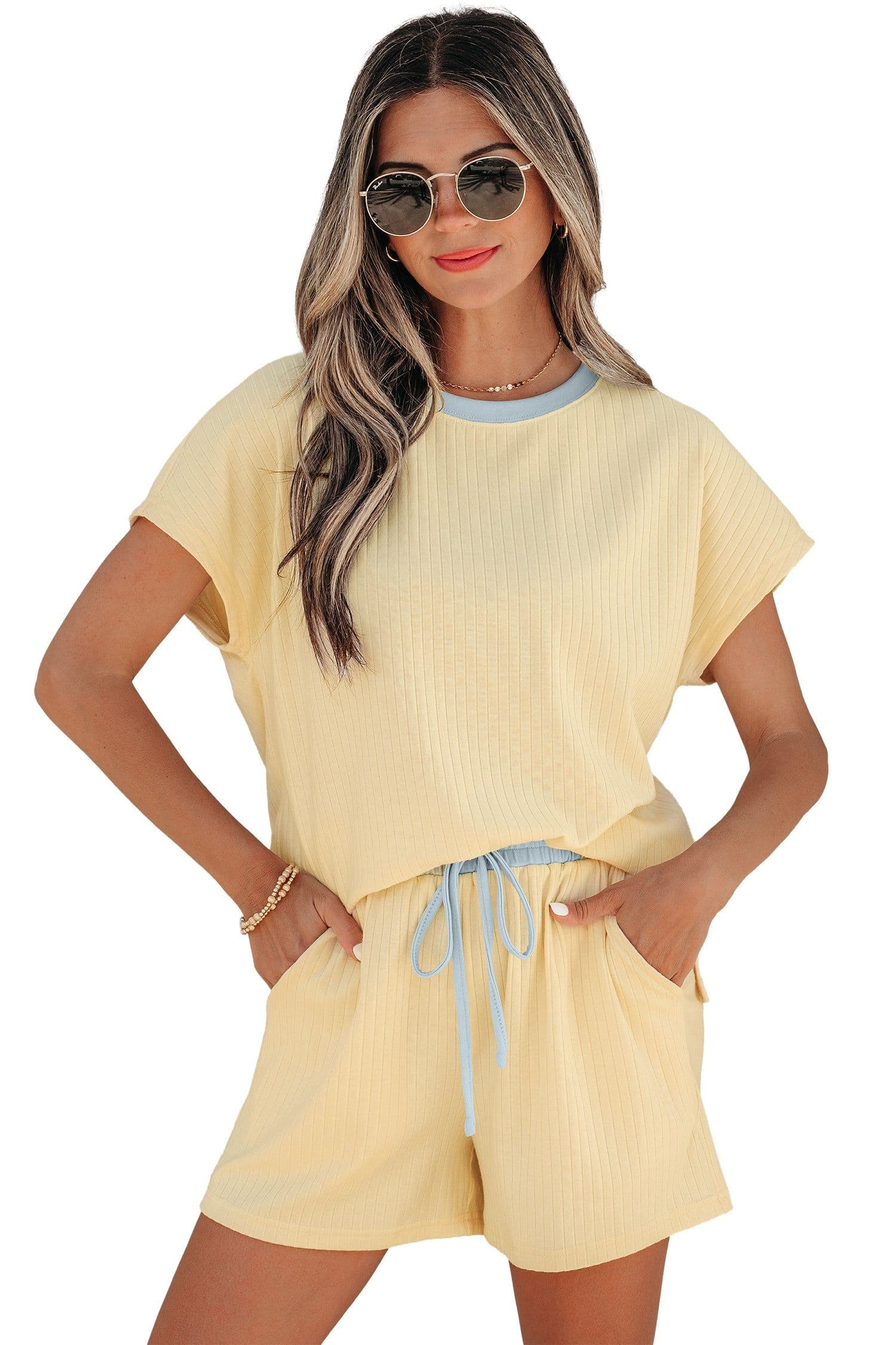 image-Aqua Soft Ribbed Color Block Trim Casual Shorts Set