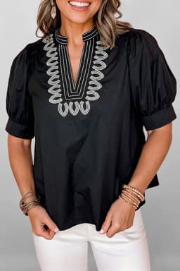image-Black Short Puff Sleeve Contrast Embroidered Detail V Neck Blouse
