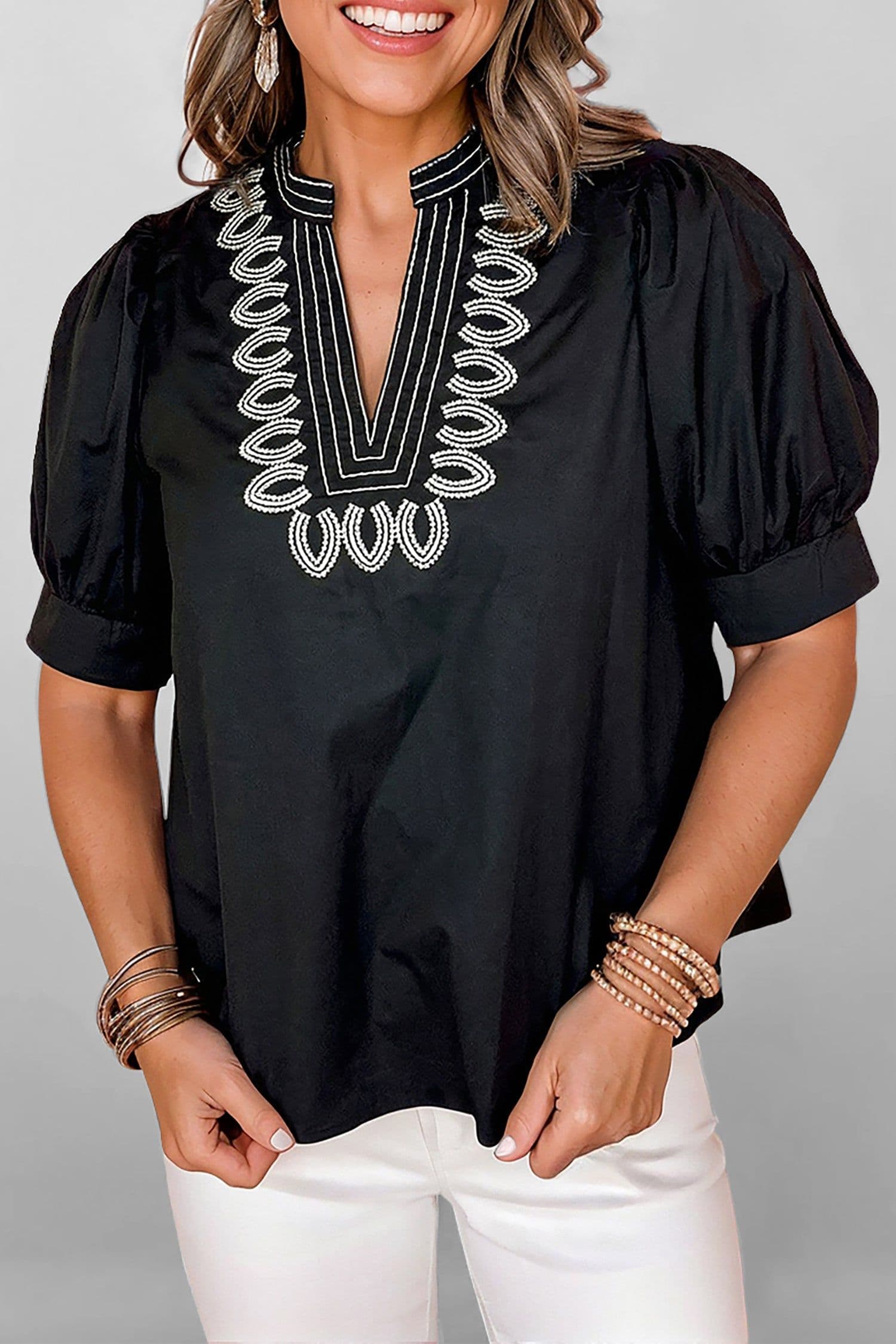 image-Black Short Puff Sleeve Contrast Embroidered Detail V Neck Blouse