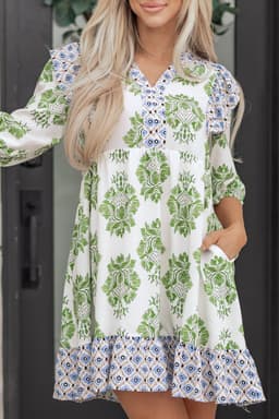 image-Green Floral Print Contrast Patchwork Ruffle Detail Mini Dress