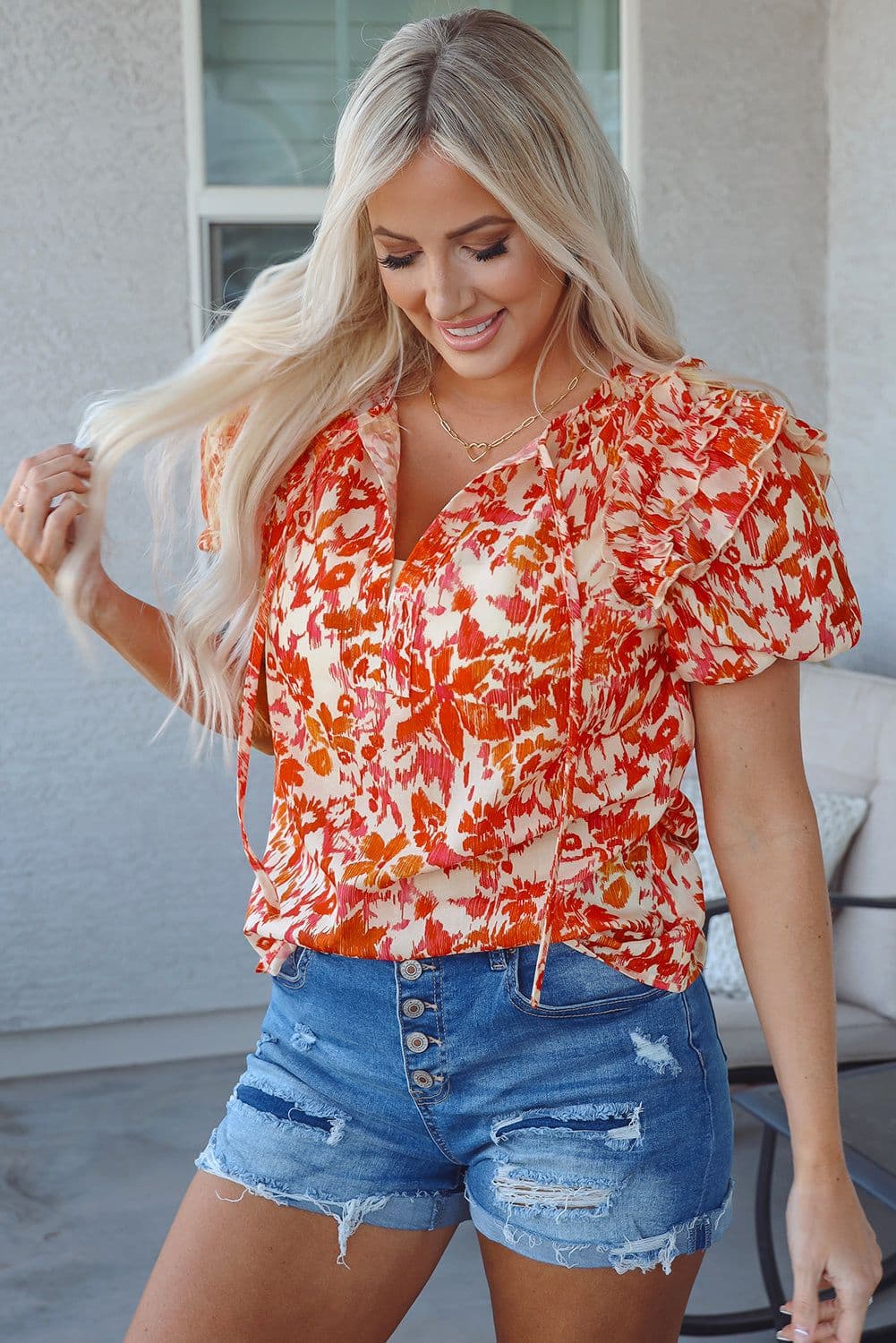 image-Floral Print Ruffled Short Puff Sleeve Split Neck Blouse - Orange (65 characters)