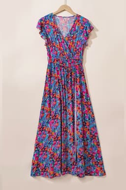 image-Blue Floral V Neck Wrap Split Maxi Dress