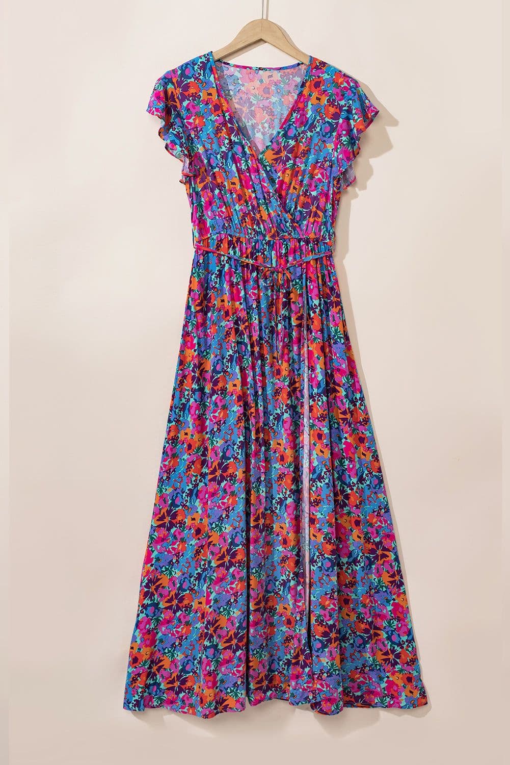image-Blue Floral V Neck Wrap Split Maxi Dress