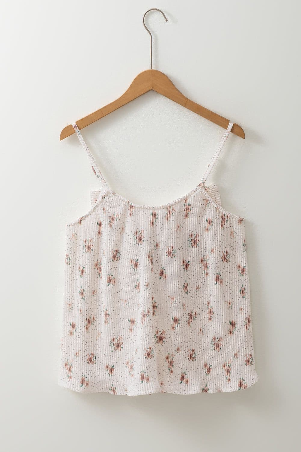 image-White Floral Pleated Tank Top with Bow Back