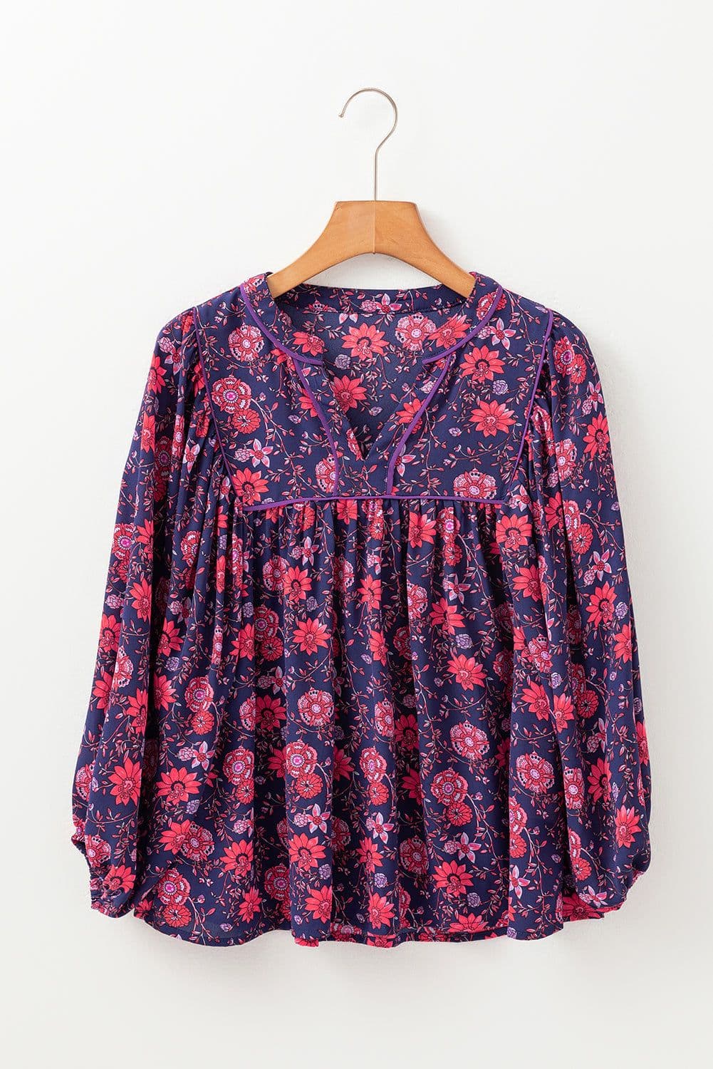 image-Floral Half Sleeve Split Neck Blouse Top - Purple