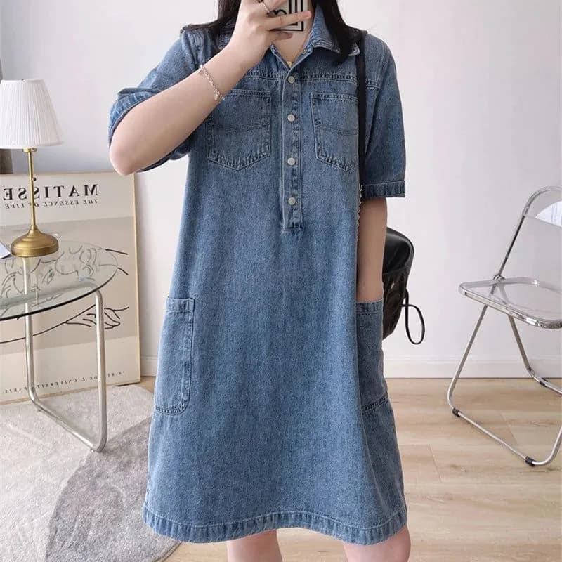 image-Women's Vintage Polo Neck Knee Length Denim Dress, Korean Cargo Baggy, Straight Half Sleeve Pocket Shirts, Jeans Dresses, Summer