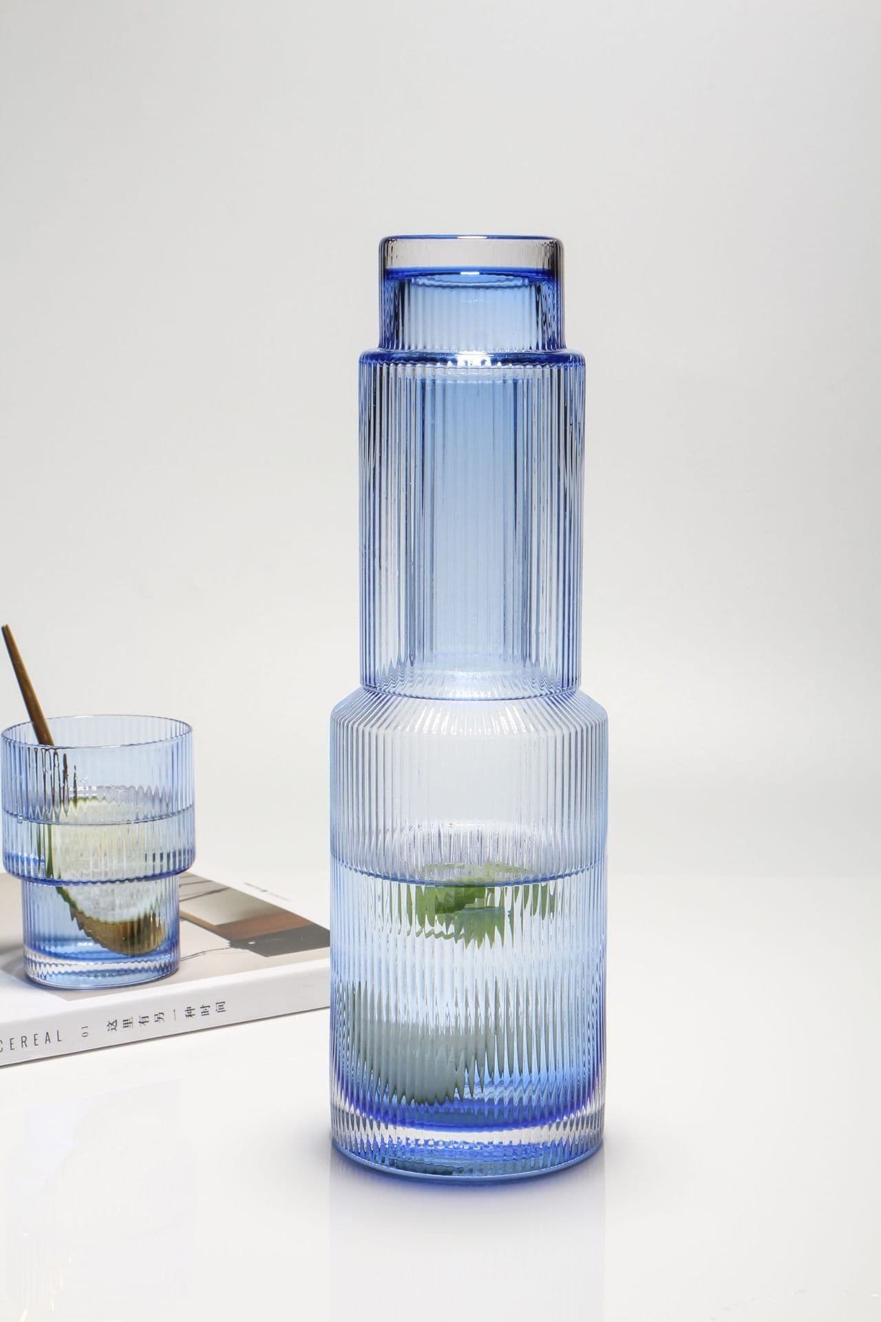 image-Wholesale Household Ins Japanese Style Simple Dense Ribbed Soot Vertical Stripes Crystal Glass Cold Kettle Water Cup Set