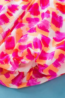 image-Pink Abstract Print Ruffled High Neck Button Back Blouse
