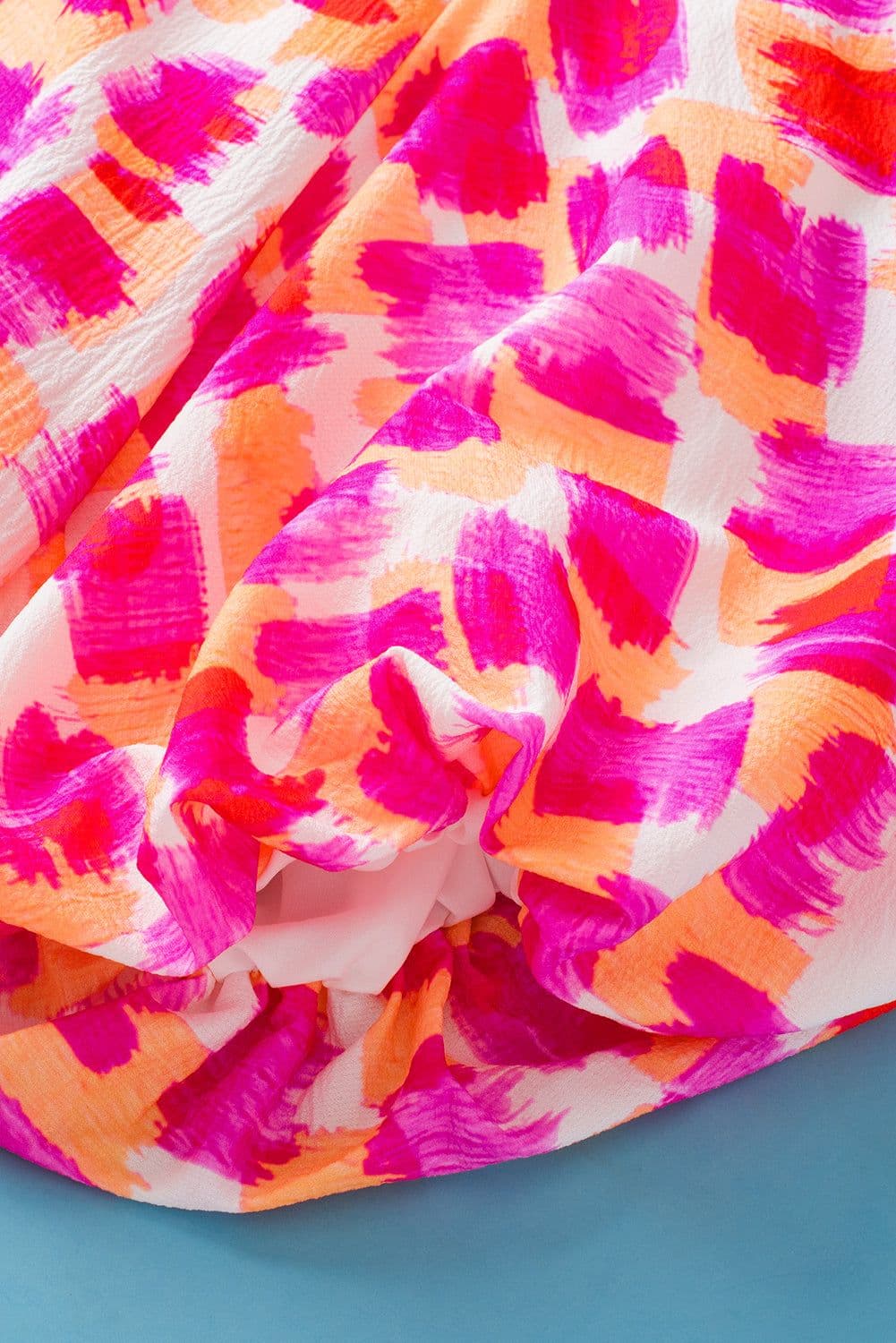 image-Pink Abstract Print Ruffled High Neck Button Back Blouse