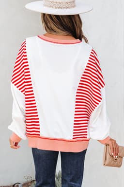 image-Brown Stripe Colorblock Patchwork Sweatshirt Oversized
