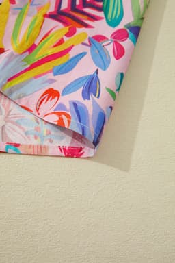 image-Pink Tropical Floral Blouse - Frilly Notched Neck