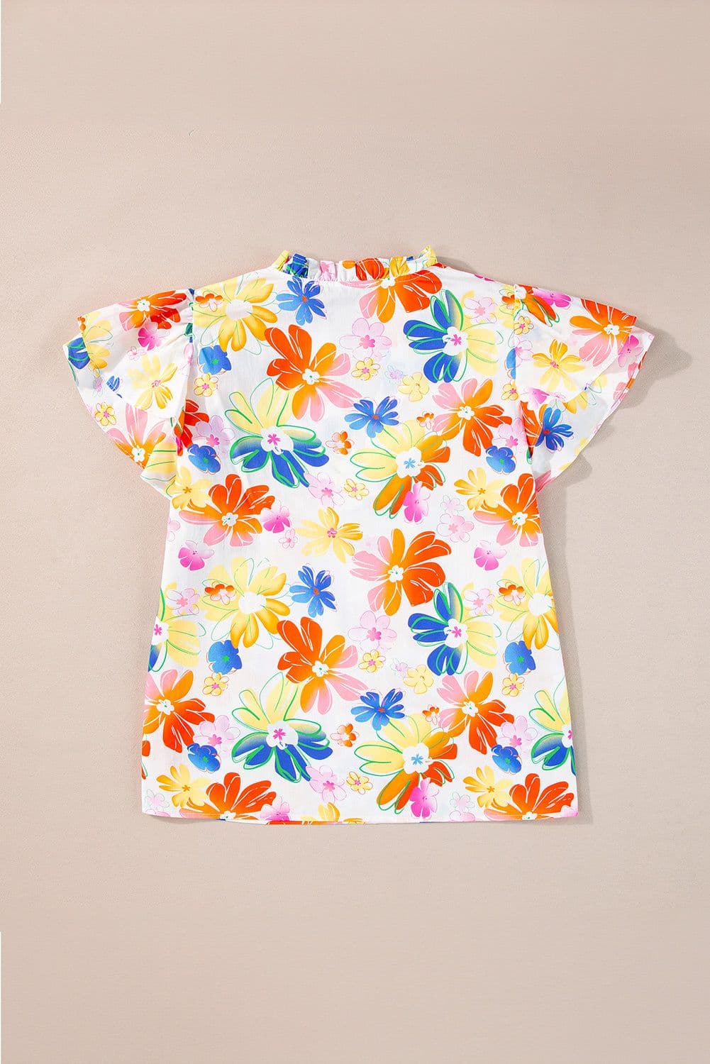 image-White Floral Bouquet Flutter Sleeve Top