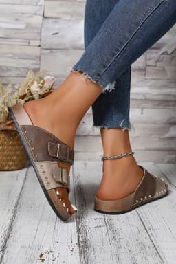 image-Coffee Leopard Two-tone Retro Buckle Slippers