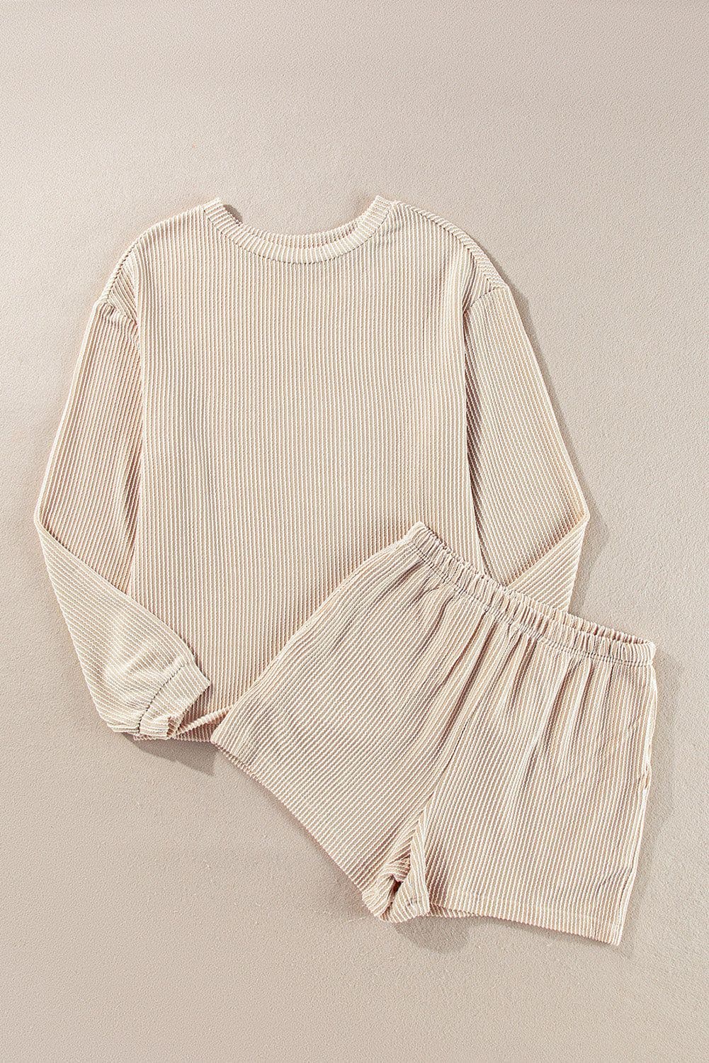 image-Corded Knit Long Sleeve Top & High Waist Shorts Set, Carbon Grey