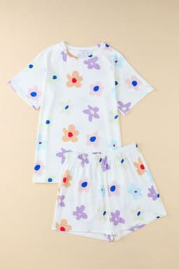 image-Pink Flower Print Short Sleeve High Waist Two Piece Shorts Set