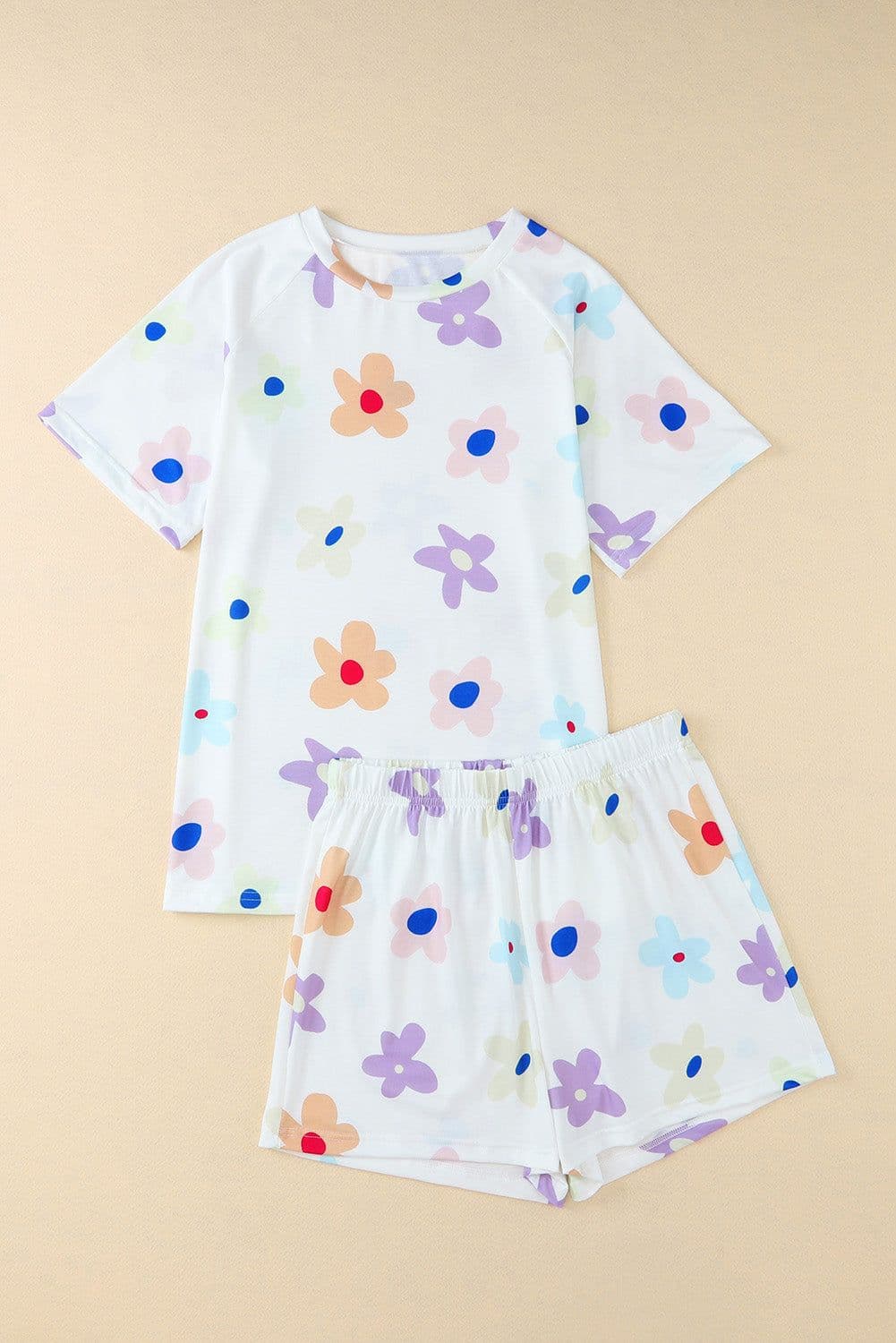 image-Pink Flower Print Short Sleeve High Waist Two Piece Shorts Set